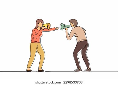 Single continuous line drawing man and woman hold loudspeakers scream at each other engaged in family fight. Stubborn angry husband and wife yell shout in megaphones. One line graphic design vector