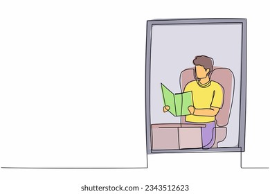Single continuous line drawing man in chair at home with literature. Businessman reader. Person reading book, sitting in armchair by window in living room. One line graphic design vector illustration