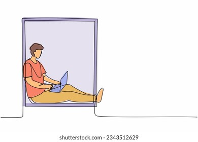 Single continuous line drawing man freelancer sitting windowsill  working using laptop  Remote work from home  Online education  studying student  One line draw graphic design vector illustration