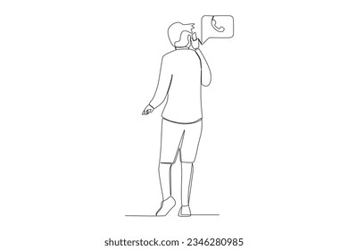 Single continuous line drawing of a a man is on the phone using whatsapp social media with a standing position looking from behind
