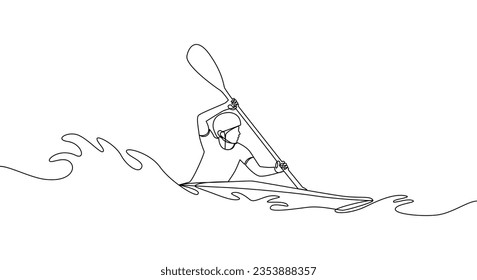 A single continuous line drawing of a man overcoming the distance on a canoe. Canoe Slalom. One line drawing vector illustration