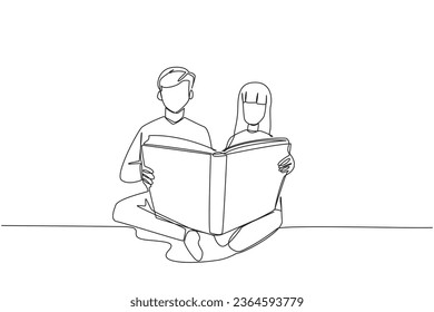 Single continuous line drawing man woman sitting reading standing book. Enthusiasm that never goes away. Very happy when reading story books. Book festival concept. One line design vector illustration