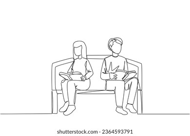 Single continuous line drawing man woman sitting and reading on chair in university park. Prepare for the final exams with serious reading. Book festival concept. One line design vector illustration