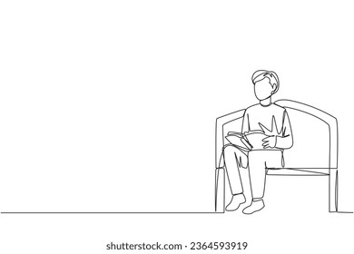 Single continuous line drawing man sitting and reading on chair in university park. Prepare for the final exams with serious reading. Book festival concept. Clever. One line design vector illustration