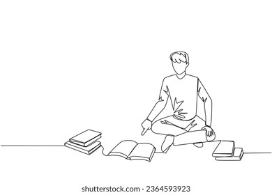 Single continuous line drawing man reading the books happily. Good reading interest. Really enjoy reading story books. Reading everywhere. Book festival concept. One line design vector illustration