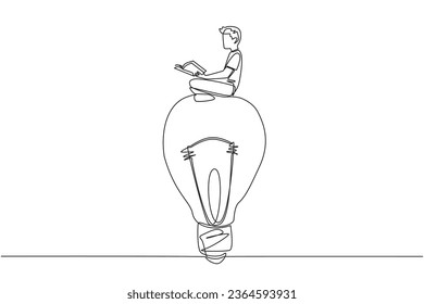 Single continuous line drawing man sitting on big lightbulb. Read with focus and serious. Metaphor looking for brilliant ideas from scientific books. Book festival. One line design vector illustration