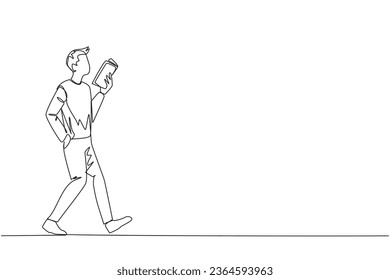 Single continuous line drawing man walking while reading a book. The gesture of memorizing something from a book. Read anywhere. Addicted to reading. Book festival. One line design vector illustration