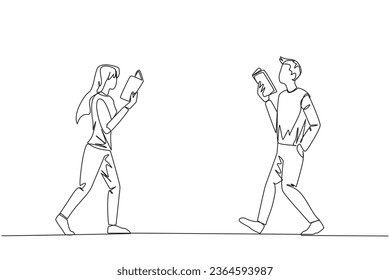 Single continuous line drawing man and woman walking face to face reading books. Gesture of memorizing something from a book. Addicted to reading. Book festival. One line design vector illustration