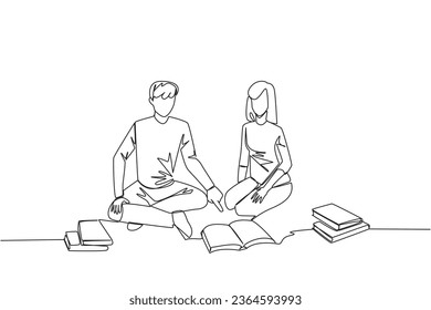 Single continuous line drawing man woman reading books happily. Good reading interest. Really enjoy reading story books. Reading everywhere. Book festival concept. One line design vector illustration