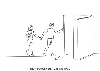 Una única línea de dibujo, hombre mujer, abre la puerta en forma de libro. Los libros pueden abrir la mente y ver por todas partes. Aumentar el conocimiento sobre el mundo en general. Festival del libro. Ilustración vectorial de diseño de una línea