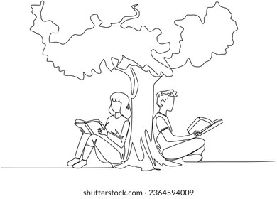 Single continuous line drawing man woman sitting reading the book under shady tree. Continuing the second volume of the fiction story book. Enjoy reading. Book festival. One line vector illustration