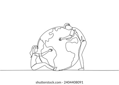 Single continuous line drawing a man and woman hugging the globe in their own style. Really love the earth. Don't want anything to destroy the beauty of the earth. One line design vector illustration