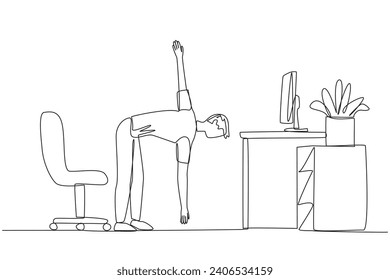 Single continuous line drawing man stands with one hand raised and the other hand holding the tip of leg. Stretch before working overtime on the weekend. Spirit. One line design vector illustration