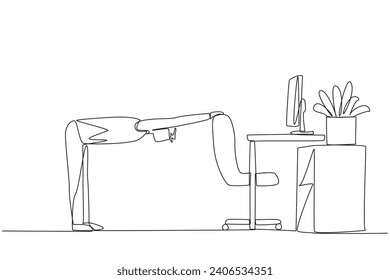 Single continuous line drawing the man bowed while holding his hand on his work chair. Stretch the body. Tense with lots of deadlines. Work overtime on weekends. One line design vector illustration