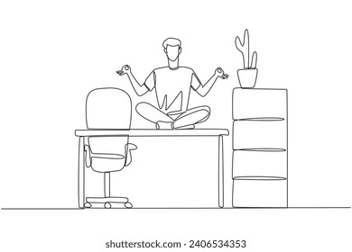 Single continuous line drawing man sitting cross-legged on a work desk. Round the fingers on both hands. Meditation to relax the mind. Work overtime on weekends. One line design vector illustration
