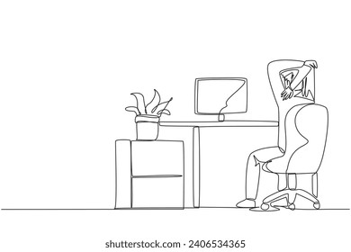 Single continuous line drawing man sitting in a work chair warming up his hands above his head. Work overtime on weekends. Requires more focus than usual. Stretch. One line design vector illustration