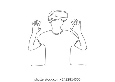 Single continuous line drawing of man trying futuristic simulator tool in virtual reality. Virtual reality game player concept one line draw design vector illustration