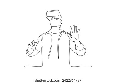 Single continuous line drawing of man trying futuristic technology with vr. Virtual reality game player concept one line draw design vector illustration