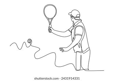 Single continuous line drawing a man and tennis on court with serve. Outdoor activity minimalist concept. Happy people outdoor activity.