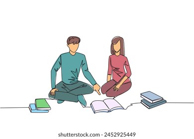 Single continuous line drawing man woman reading books happily. Good reading interest. Really enjoy reading story books. Reading everywhere. Book festival concept. One line design vector illustration