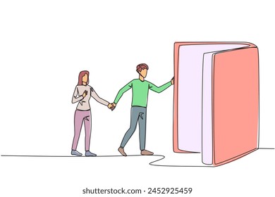 Single continuous line drawing man woman open the book-shaped door. Books can open mind and see everywhere. Increase knowledge about the wider world. Book festival. One line design vector illustration