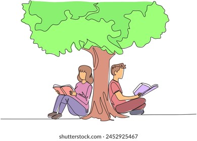 Single continuous line drawing man woman sitting reading the book under shady tree. Continuing the second volume of the fiction story book. Enjoy reading. Book festival. One line vector illustration