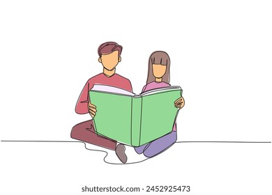 Single continuous line drawing man woman sitting reading standing book. Enthusiasm that never goes away. Very happy when reading story books. Book festival concept. One line design vector illustration