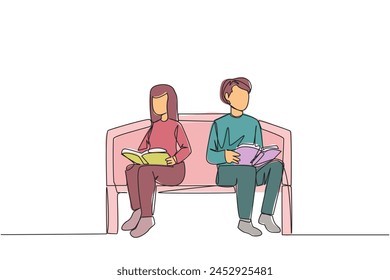 Single continuous line drawing man woman sitting and reading on chair in university park. Prepare for the final exams with serious reading. Book festival concept. One line design vector illustration