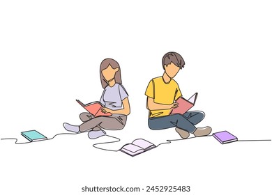 Single continuous line drawing man woman sitting relaxed in library reading lot of books. Looking for answers to assignments. Hobby reading. Book festival concept. One line design vector illustration