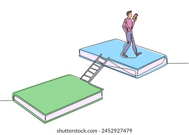 Single continuous line drawing man walking reading on books. A book exhibition concept. Display many books, from scientific books to fiction story books. Book festival. One line vector illustration