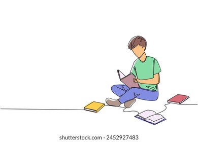 Single continuous line drawing man sitting relaxed in a library reading a lot of books. Looking for answers to assignments. Hobby reading. Book festival concept. One line design vector illustration