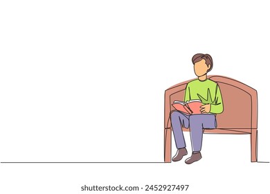 Single continuous line drawing man sitting and reading on chair in university park. Prepare for the final exams with serious reading. Book festival concept. Clever. One line design vector illustration