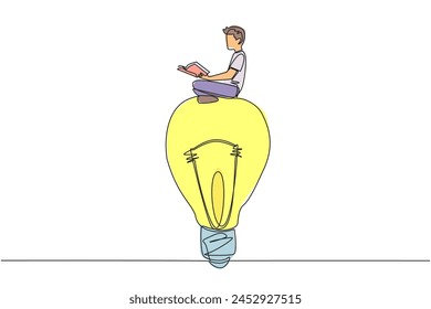 Single continuous line drawing man sitting on big lightbulb. Read with focus and serious. Metaphor looking for brilliant ideas from scientific books. Book festival. One line design vector illustration