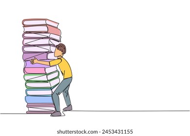 Single continuous line drawing man hugging a very high pile of books. Hobby to collecting and reading books. Filling free time with useful things. Loving read. One line design vector illustration