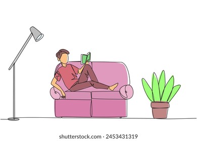 Single continuous line drawing man sitting stretched out on the sofa reading book. Really like the content of the book reading on each page. Impressive. Love read. One line design vector illustration