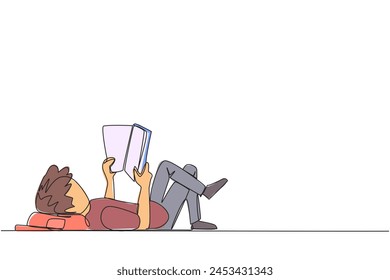 Single continuous line drawing man lying on back reading book. Reading favorite comic. Big fan of fiction books. Enjoy the storyline. Reading increases insight. One line design vector illustration