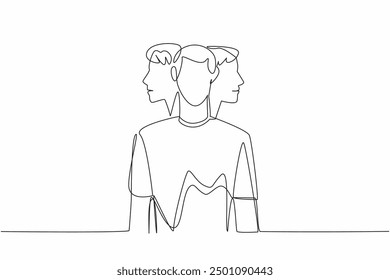 Una sola línea continua dibujando a un hombre mirando hacia adelante con dos cabezas detrás de él mirando a derecha e izquierda. Ansiedad de personalidad. Malsano. Día de la Personalidad Múltiple. Ilustración vectorial de diseño de una línea