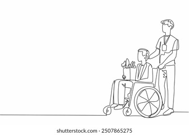 Single continuous line drawing man helps push old grandfather sitting in wheelchair. Volunteers who focus on the elderly. Caring and loving. World Social Work Day. One line design vector illustration