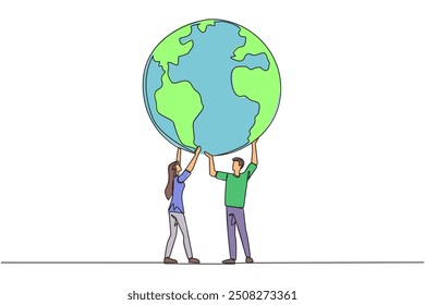Single continuous line drawing a man and a woman hold up a globe together with both hands. Teamwork to make the earth more habitable. Reforestation. Earth day. One line design vector illustration