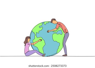 Single continuous line drawing a man and woman hugging the globe in their own style. Really love the earth. Don't want anything to destroy the beauty of the earth. One line design vector illustration