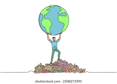 Single continuous line drawing man raises globe with both hands. There is rubbish scattered around. Do the best to save the earth from the abundance of waste. One line design vector illustration