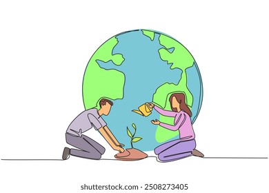 Single continuous line drawing man holds mound of earth while woman waters plants. Help each other keep the earth green. World environment day. Love the earth. One line design vector illustration