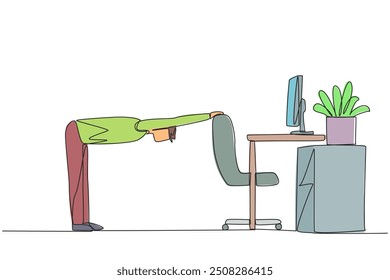 Single continuous line drawing the man bowed while holding his hand on his work chair. Stretch the body. Tense with lots of deadlines. Work overtime on weekends. One line design vector illustration