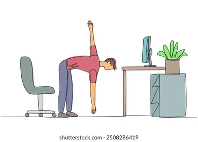 Single continuous line drawing man stands with one hand raised and the other hand holding the tip of leg. Stretch before working overtime on the weekend. Spirit. One line design vector illustration