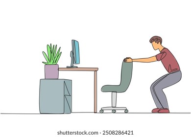 Single continuous line drawing man stands with a slight bend and both hands hold the top of chair. Overtime on weekends. Work and doing light exercise at same time. One line design vector illustration