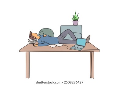 Single continuous line drawing man fell asleep on the table with a pillow from a pile of papers. Work overtime on weekends. Work hard. Tired. Need rest. Refresh. One line design vector illustration