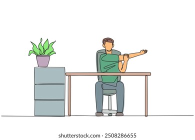 Single continuous line drawing man sitting in a work chair with his arms crossed. Stretching. Do normal things to make work lighter. Excited even though overtime. One line design vector illustration