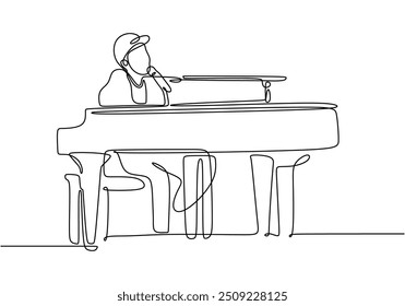 Um único desenho de linha contínua de um homem tocando piano. Representa o instrumento musical em um design minimalista desenhado à mão.