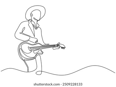 Um único desenho de linha contínua de um homem tocando uma guitarra elétrica. Representa o instrumento musical em um estilo artístico minimalista.