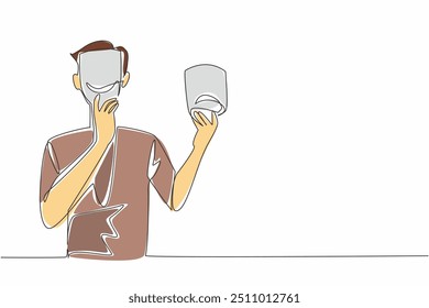 Single continuous line drawing man holding and wearing happy mask on the other side is sad mask. Jaunty. Bipolar. Feeling of always wanting to be happy. Camouflage. One line design vector illustration